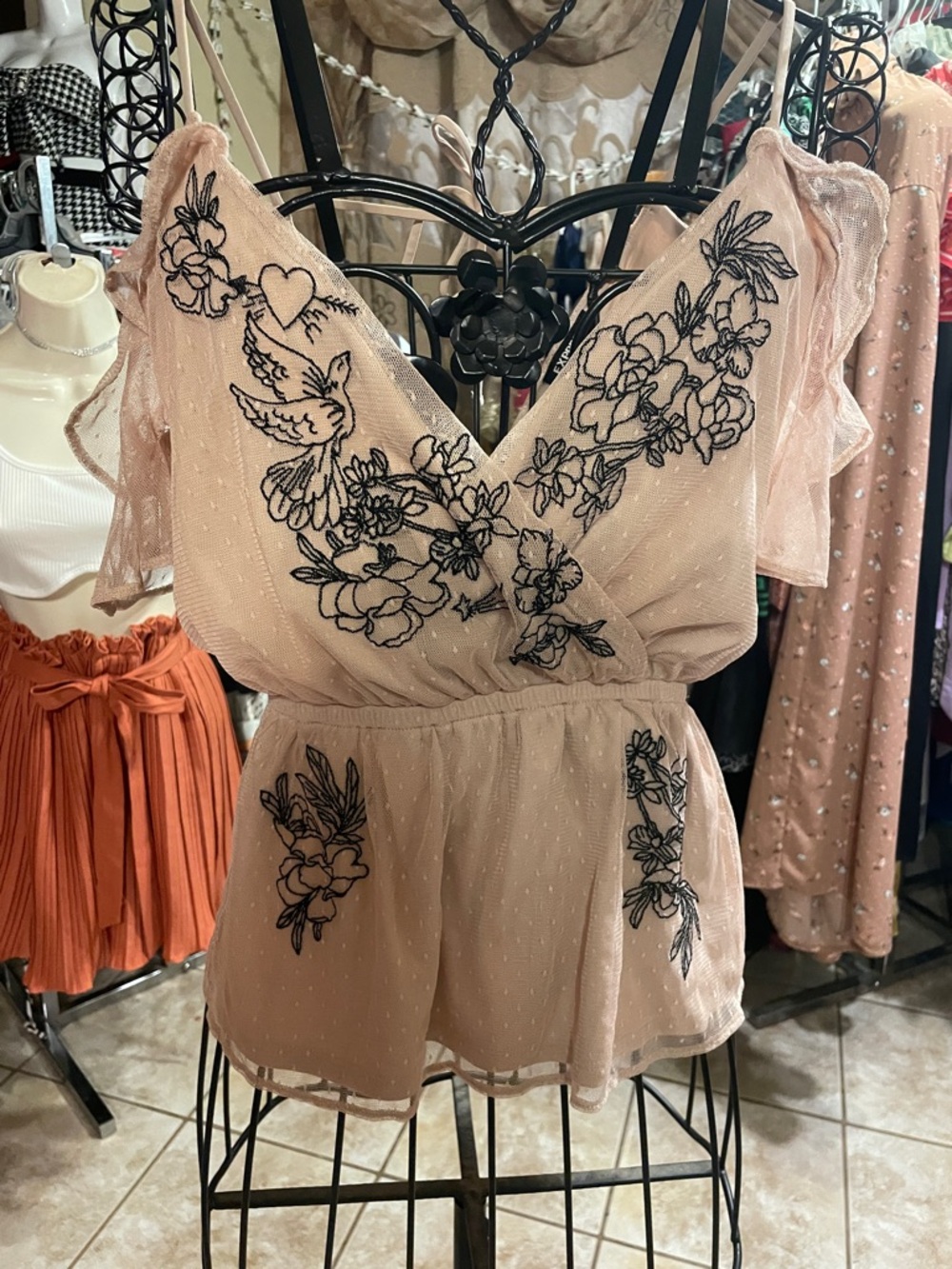 Express Blush beige cream Embroidered V-Neck Peplum Top